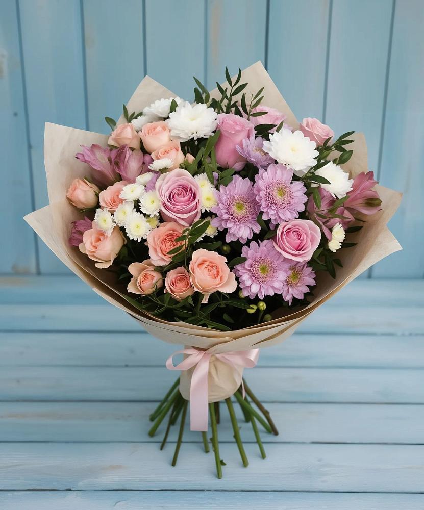 Букет цветов из: Хризантемы, Розы и Альстромерии в Новолуговом