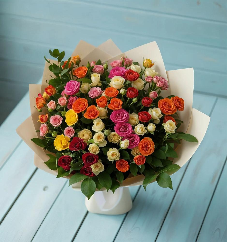 Букет Микс из разноцветных кустовых роз в Новолуговом
