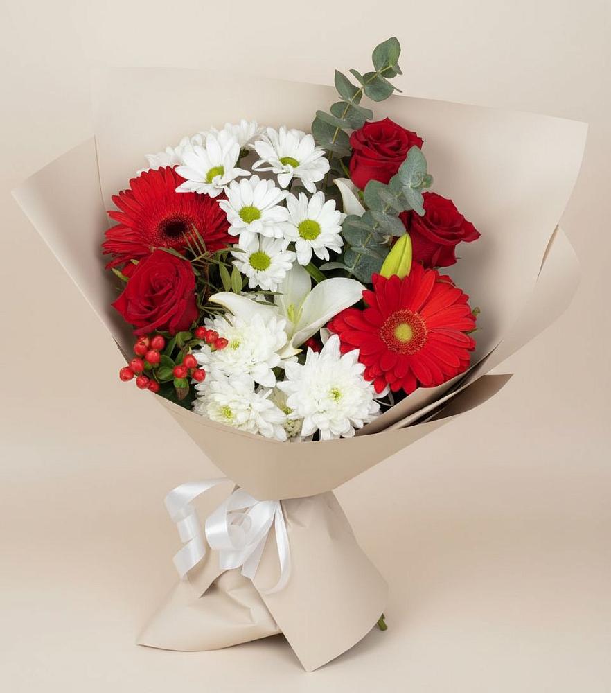 Букет цветов из: Розы, Хризантемы, Герберы и Лилии в Новолуговом