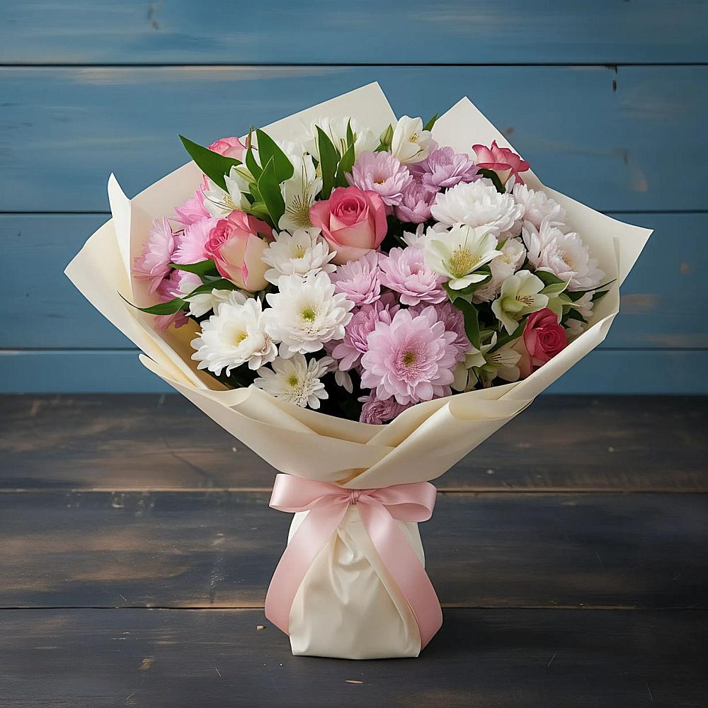 Букет цветов из: Хризантемы, Альстромерии и Розы в Новолуговом